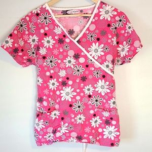Scrub Works Floral Pink Top With Tie